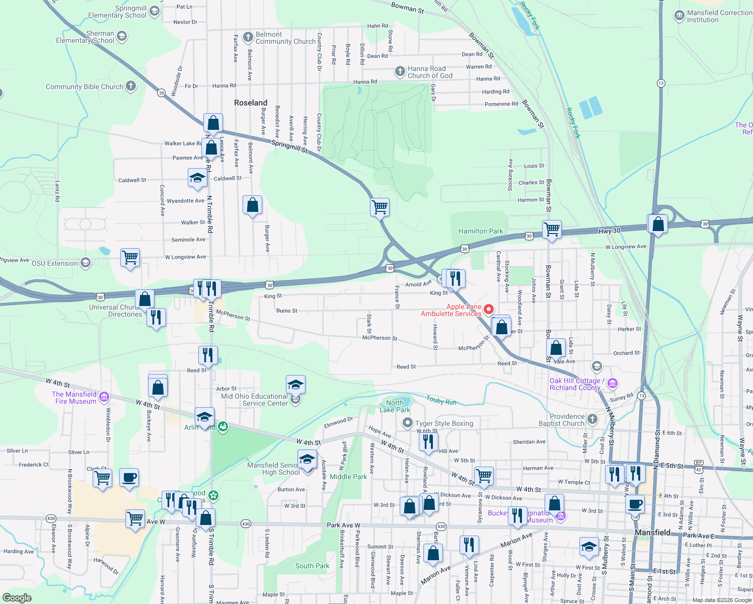 map of restaurants, bars, coffee shops, grocery stores, and more near 640 Burns Street in Mansfield