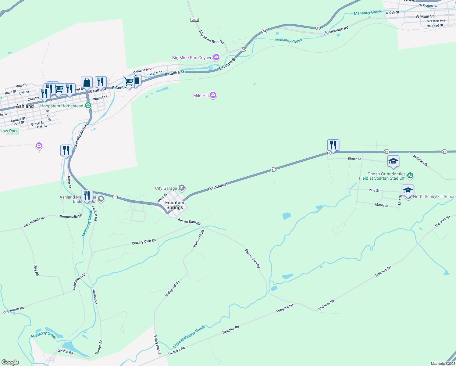 map of restaurants, bars, coffee shops, grocery stores, and more near 668 Fountain Street in Ashland