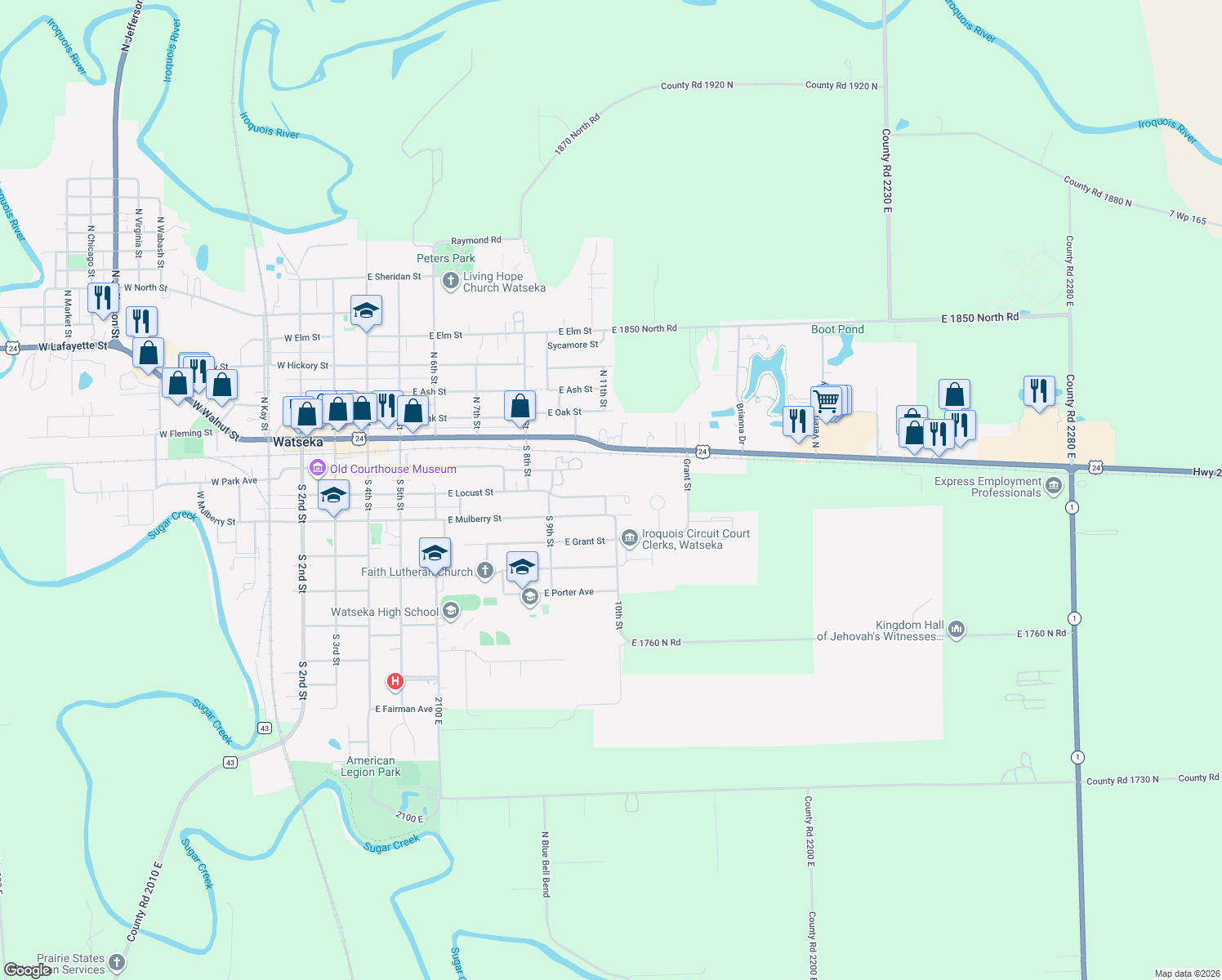 map of restaurants, bars, coffee shops, grocery stores, and more near 906 East Locust Street in Watseka
