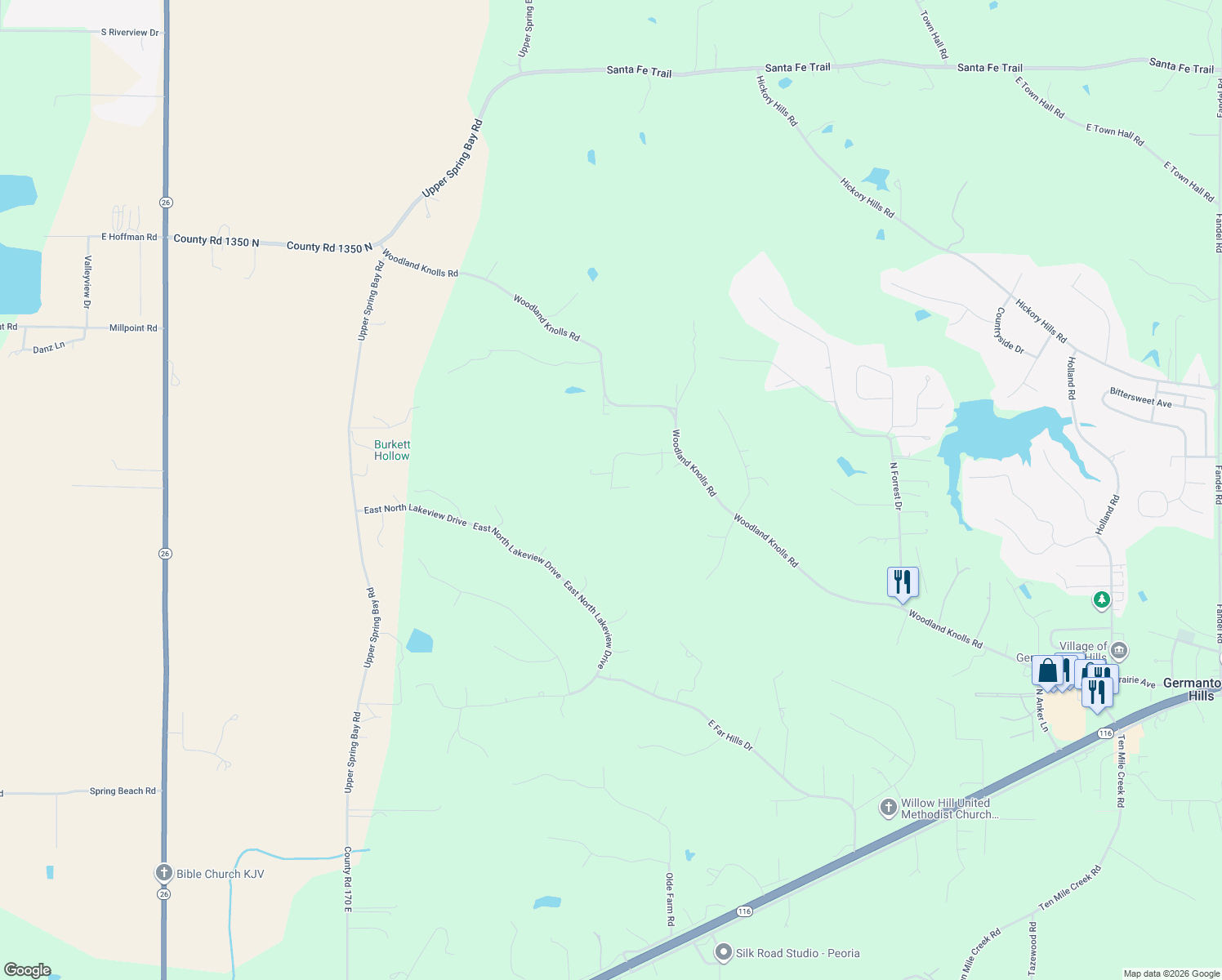 map of restaurants, bars, coffee shops, grocery stores, and more near 11 East Audubon Hills Drive in Metamora