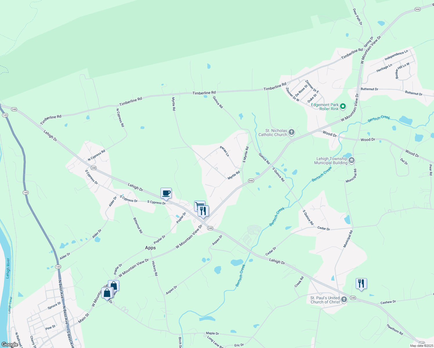 map of restaurants, bars, coffee shops, grocery stores, and more near 1097 Myrtle Road in Walnutport