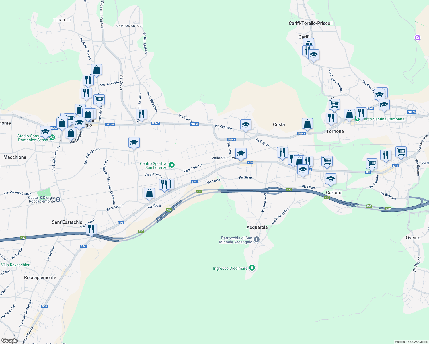 map of restaurants, bars, coffee shops, grocery stores, and more near 152 Via Domenico Cirillo in Piazza del Galdo-Sant'angelo
