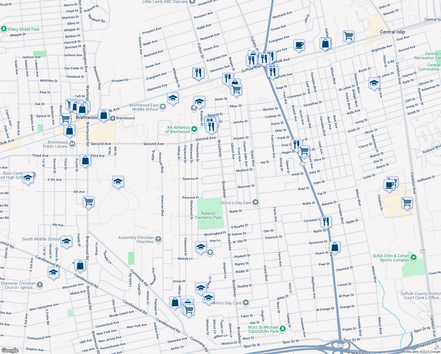 map of restaurants, bars, coffee shops, grocery stores, and more near 214 Loeffler Street in Brentwood