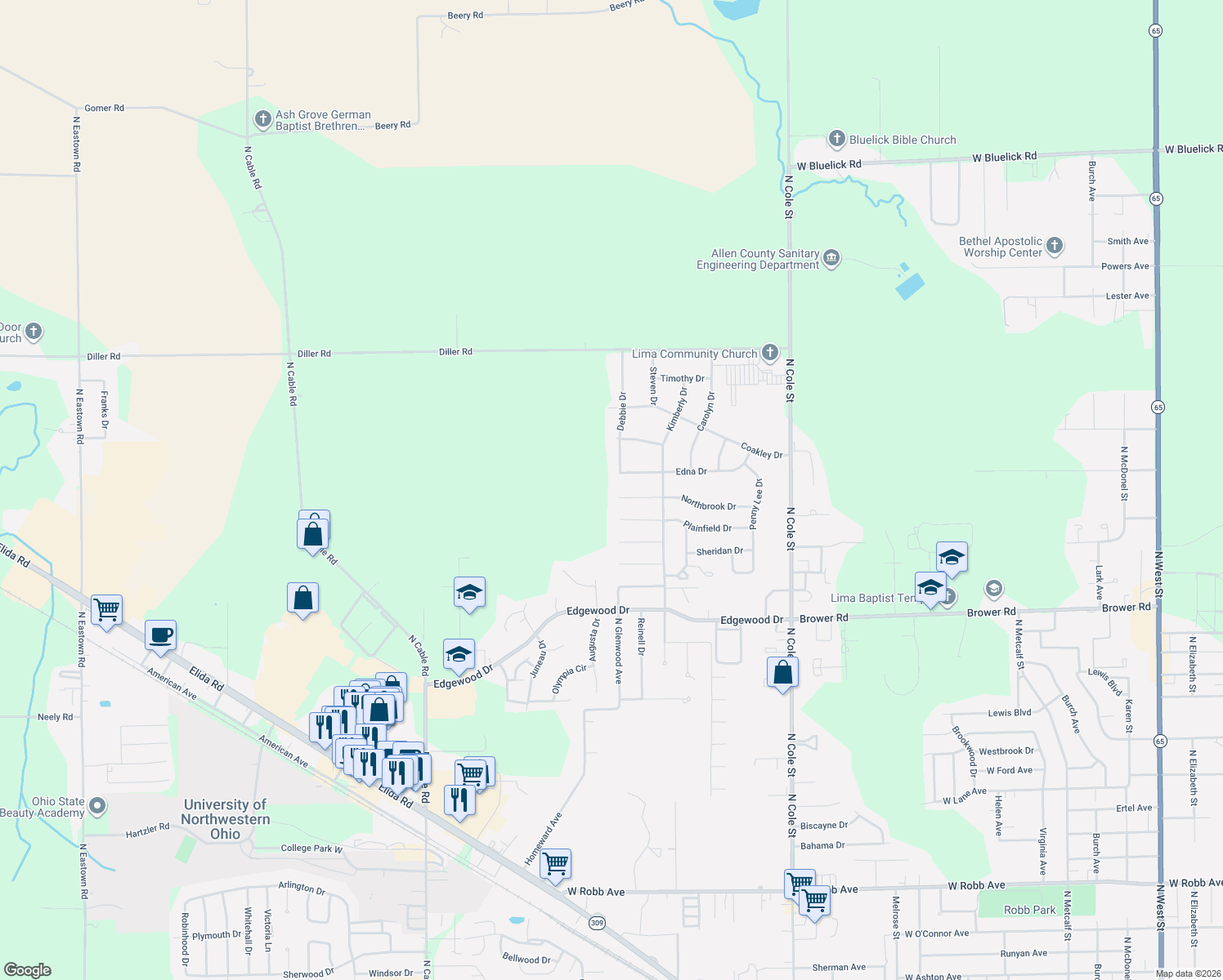 map of restaurants, bars, coffee shops, grocery stores, and more near 1744 Northbrook Drive in Lima