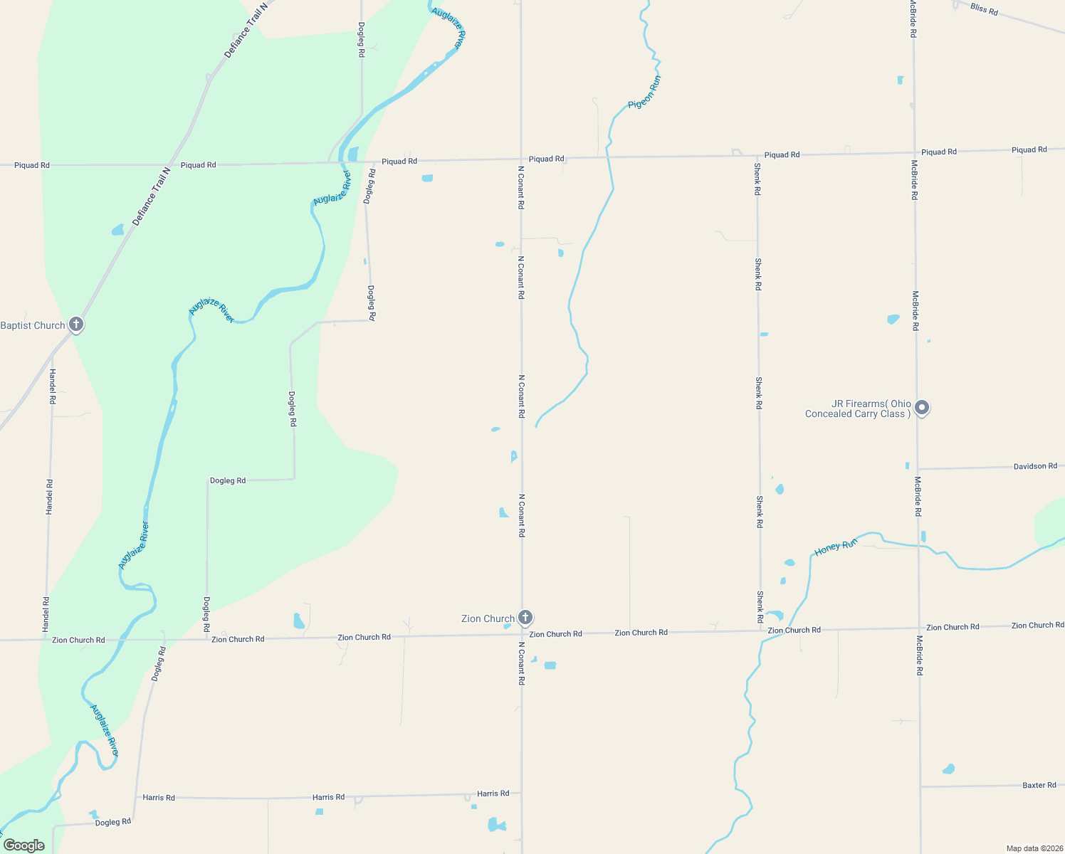 map of restaurants, bars, coffee shops, grocery stores, and more near 2650 North Conant Road in Elida