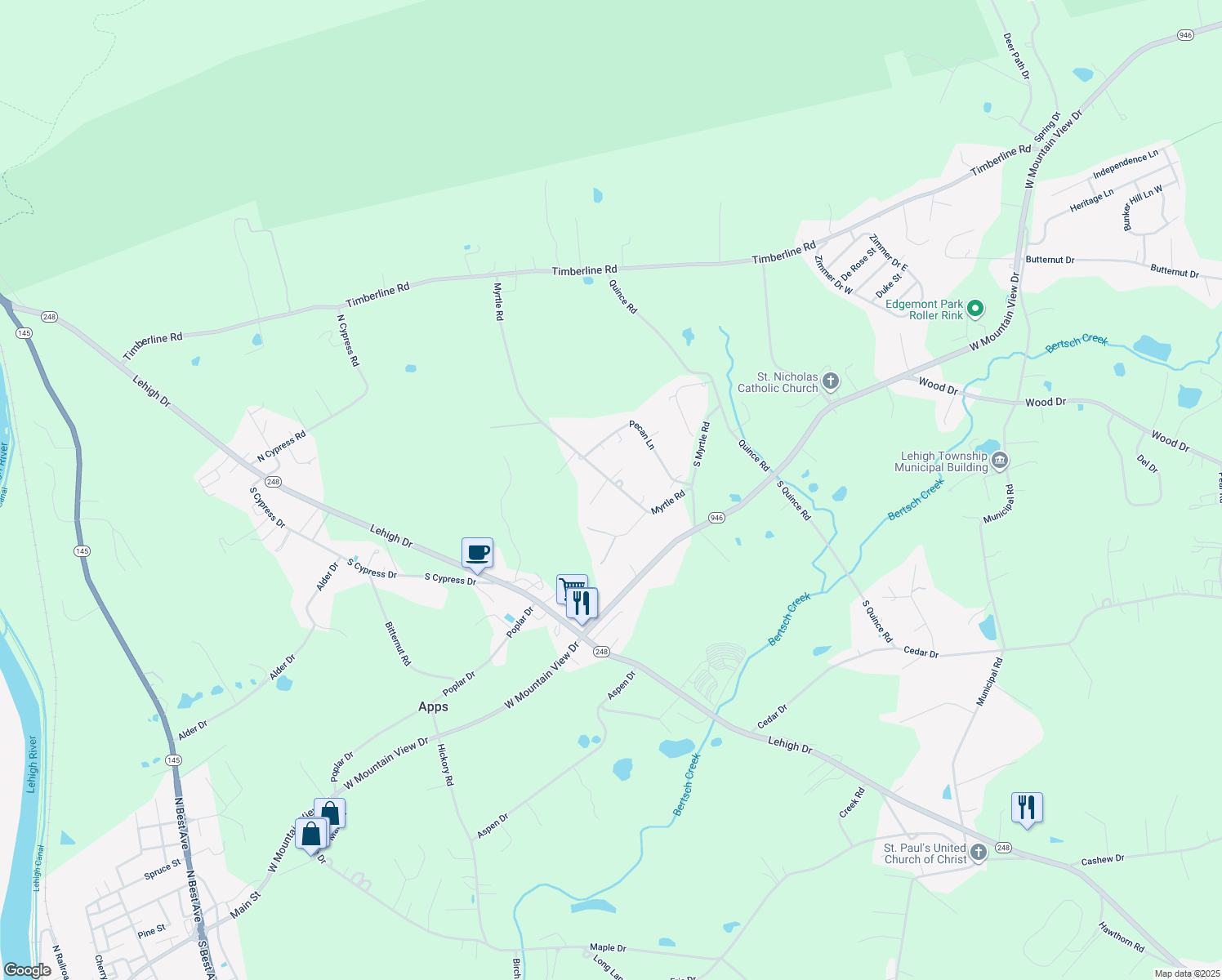 map of restaurants, bars, coffee shops, grocery stores, and more near 1103 Myrtle Road in Walnutport