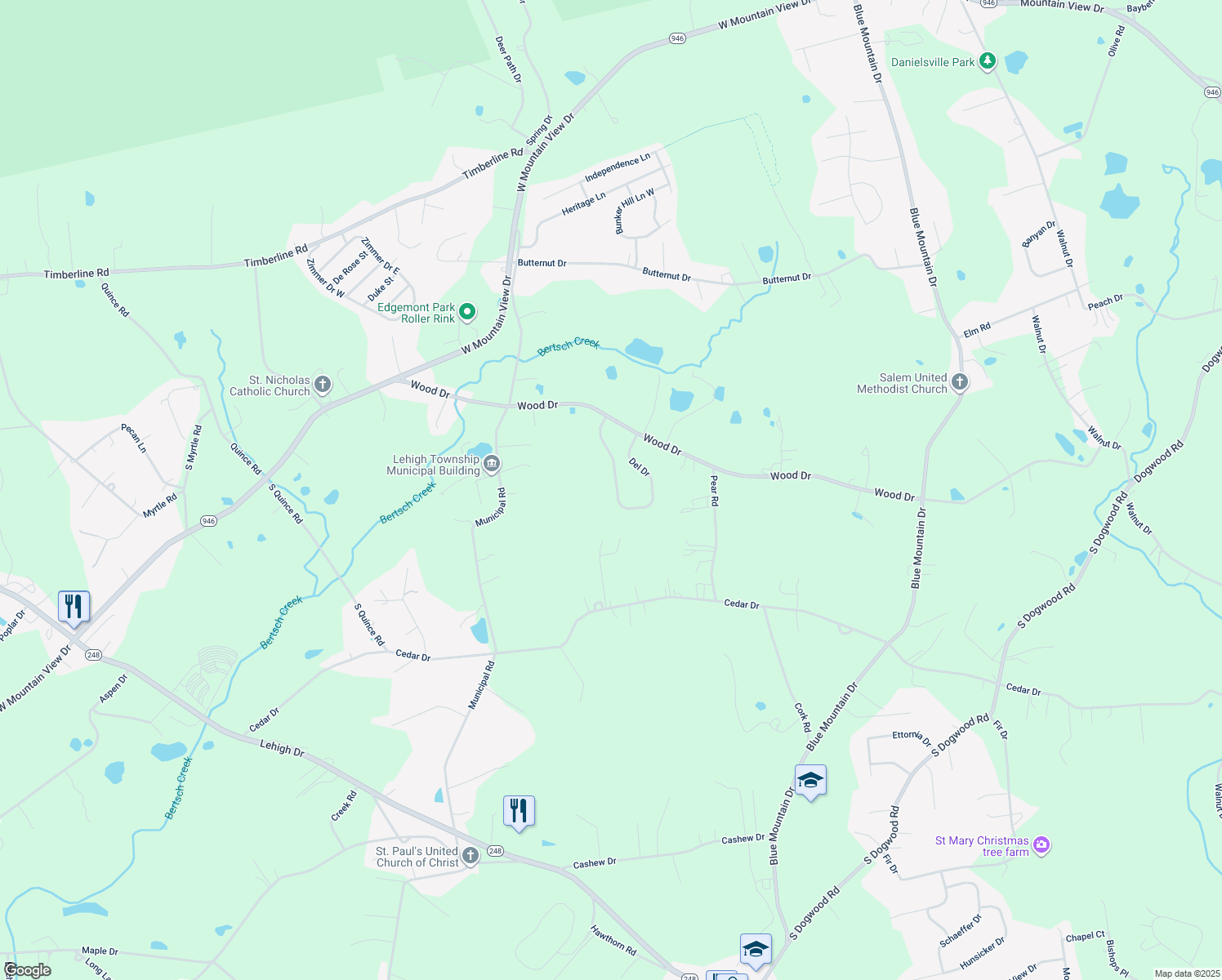 map of restaurants, bars, coffee shops, grocery stores, and more near 1058 Del Drive in Walnutport