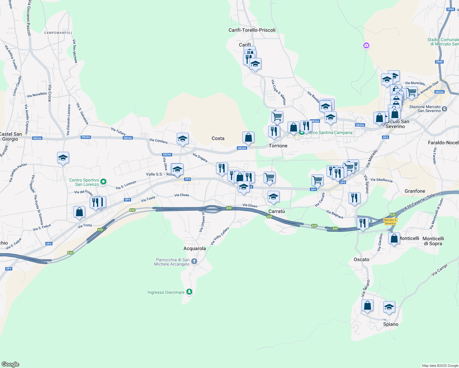 map of restaurants, bars, coffee shops, grocery stores, and more near 3 Via Greco in Piazza del Galdo-sant'angelo