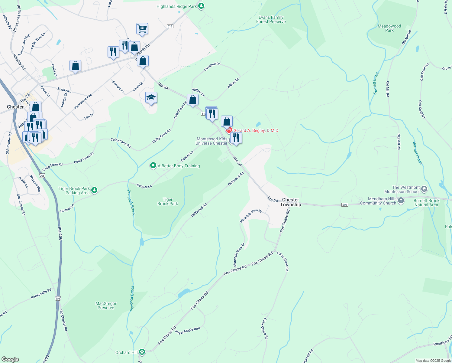 map of restaurants, bars, coffee shops, grocery stores, and more near 10 Cliffwood Rd in Chester Township