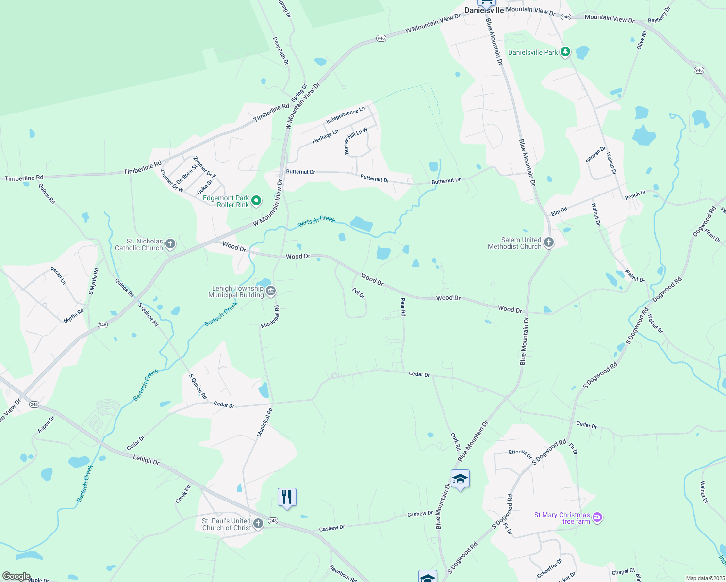 map of restaurants, bars, coffee shops, grocery stores, and more near 1088 Del Dr in Walnutport