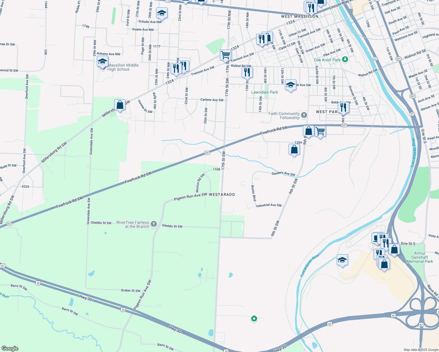 map of restaurants, bars, coffee shops, grocery stores, and more near 2299 17th St SW in Massillon