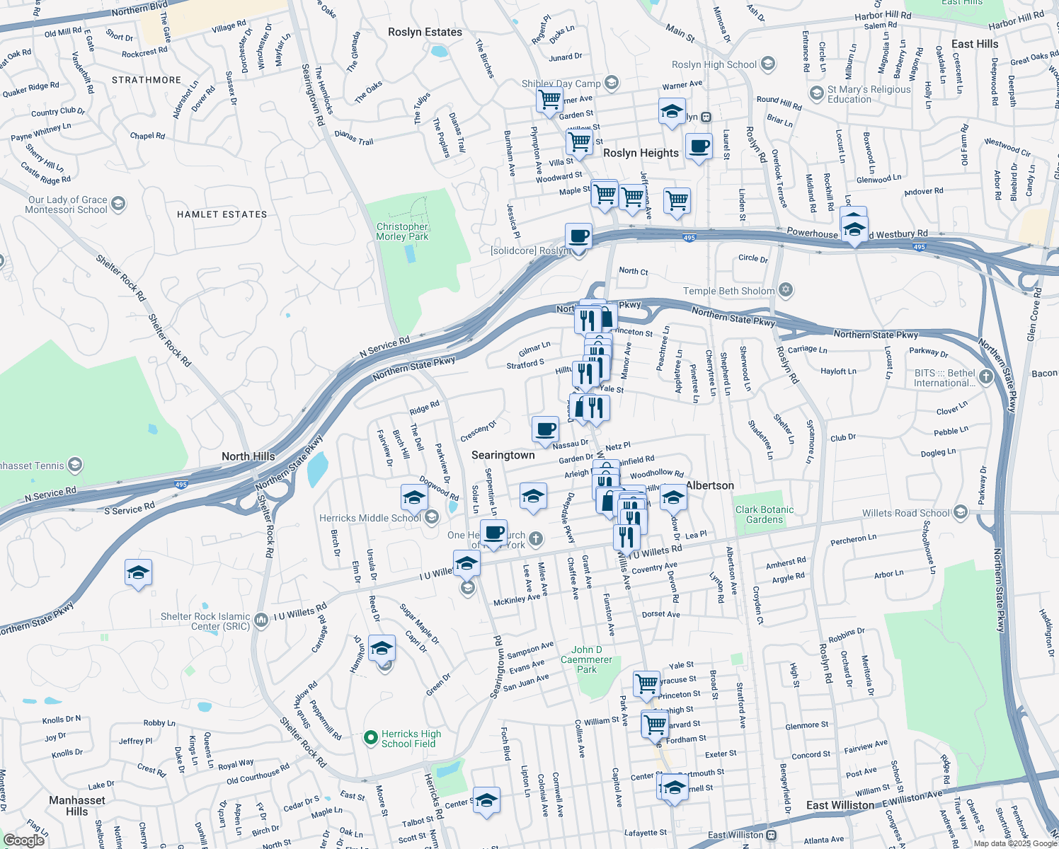 map of restaurants, bars, coffee shops, grocery stores, and more near 205 Hillturn Lane in Albertson
