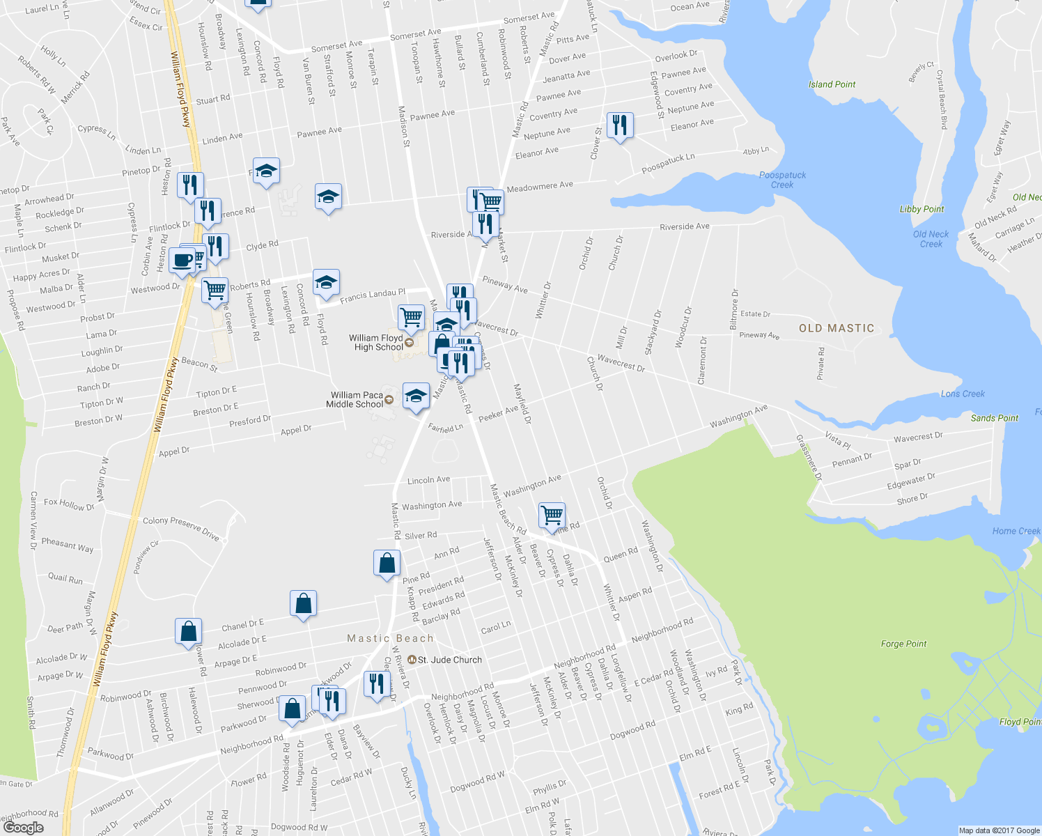 map of restaurants, bars, coffee shops, grocery stores, and more near 42 Mayfield Drive in Mastic Beach