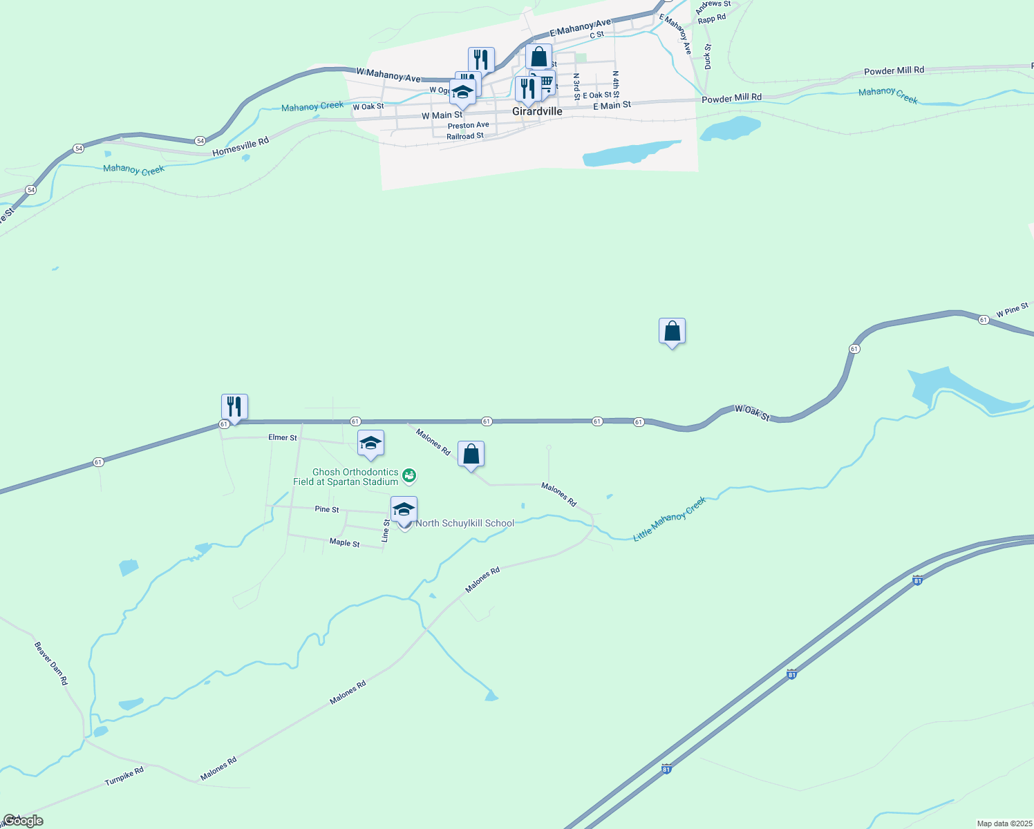 map of restaurants, bars, coffee shops, grocery stores, and more near 1018 Fountain Street in Ashland