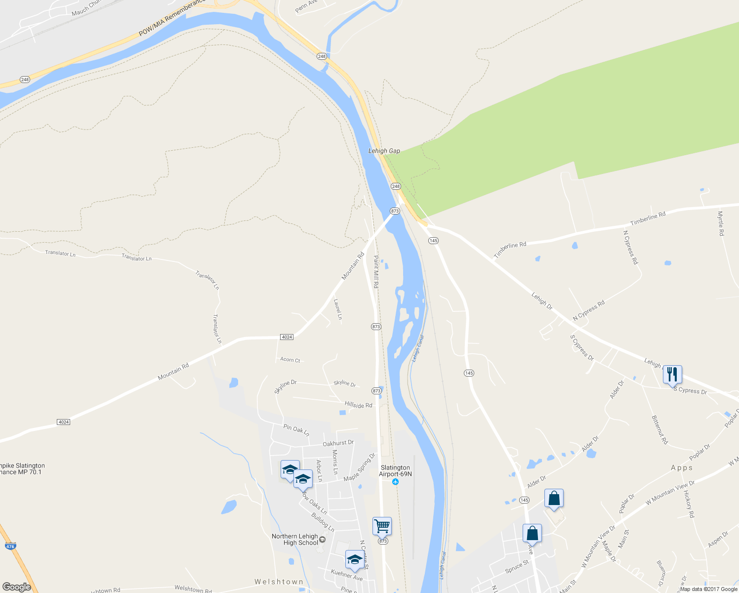 map of restaurants, bars, coffee shops, grocery stores, and more near 8646 Pennsylvania 873 in Slatington