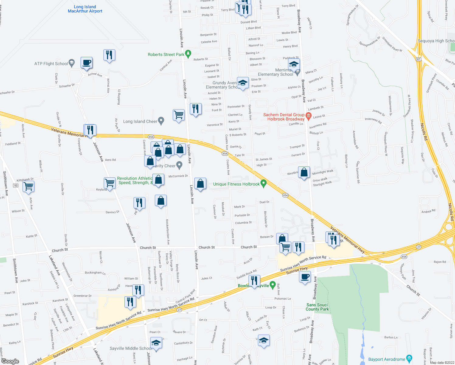 map of restaurants, bars, coffee shops, grocery stores, and more near 39 Lincoln Avenue in Holbrook