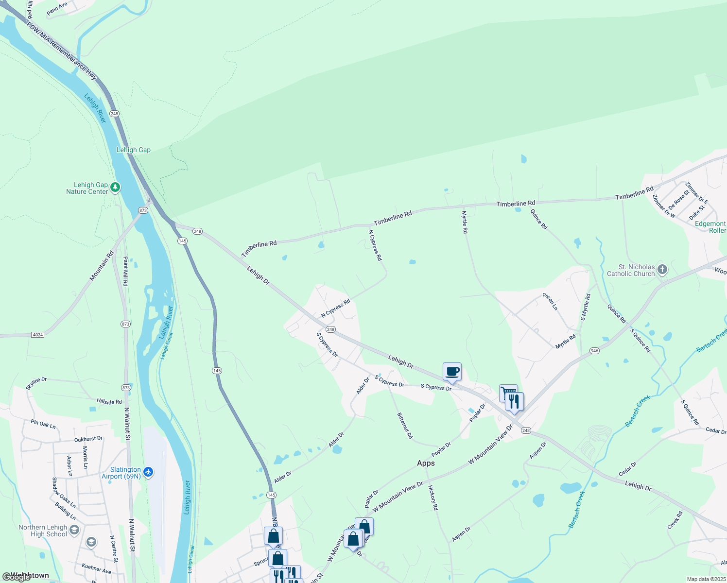 map of restaurants, bars, coffee shops, grocery stores, and more near 4775 North Cypress Road in Walnutport