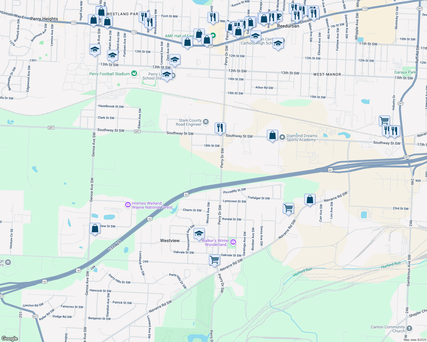 map of restaurants, bars, coffee shops, grocery stores, and more near 5129 21st Street Southwest in Canton