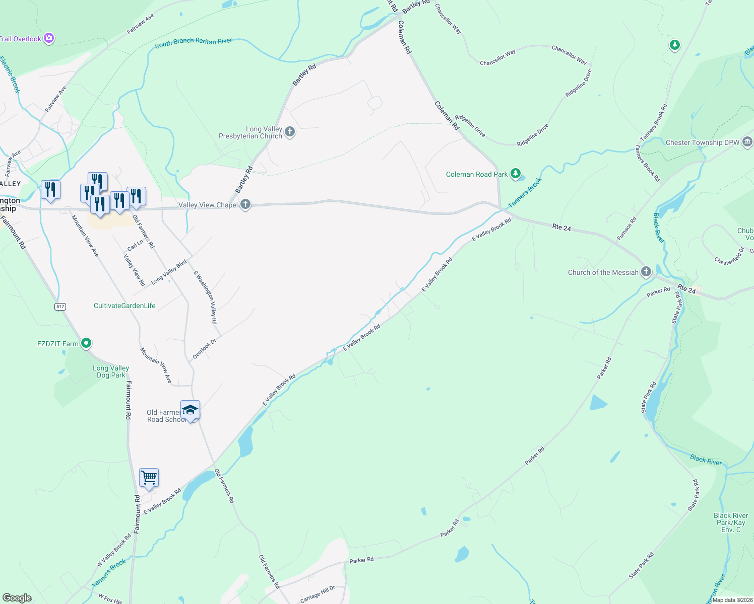 map of restaurants, bars, coffee shops, grocery stores, and more near 138 East Valley Brook Road in Washington Township