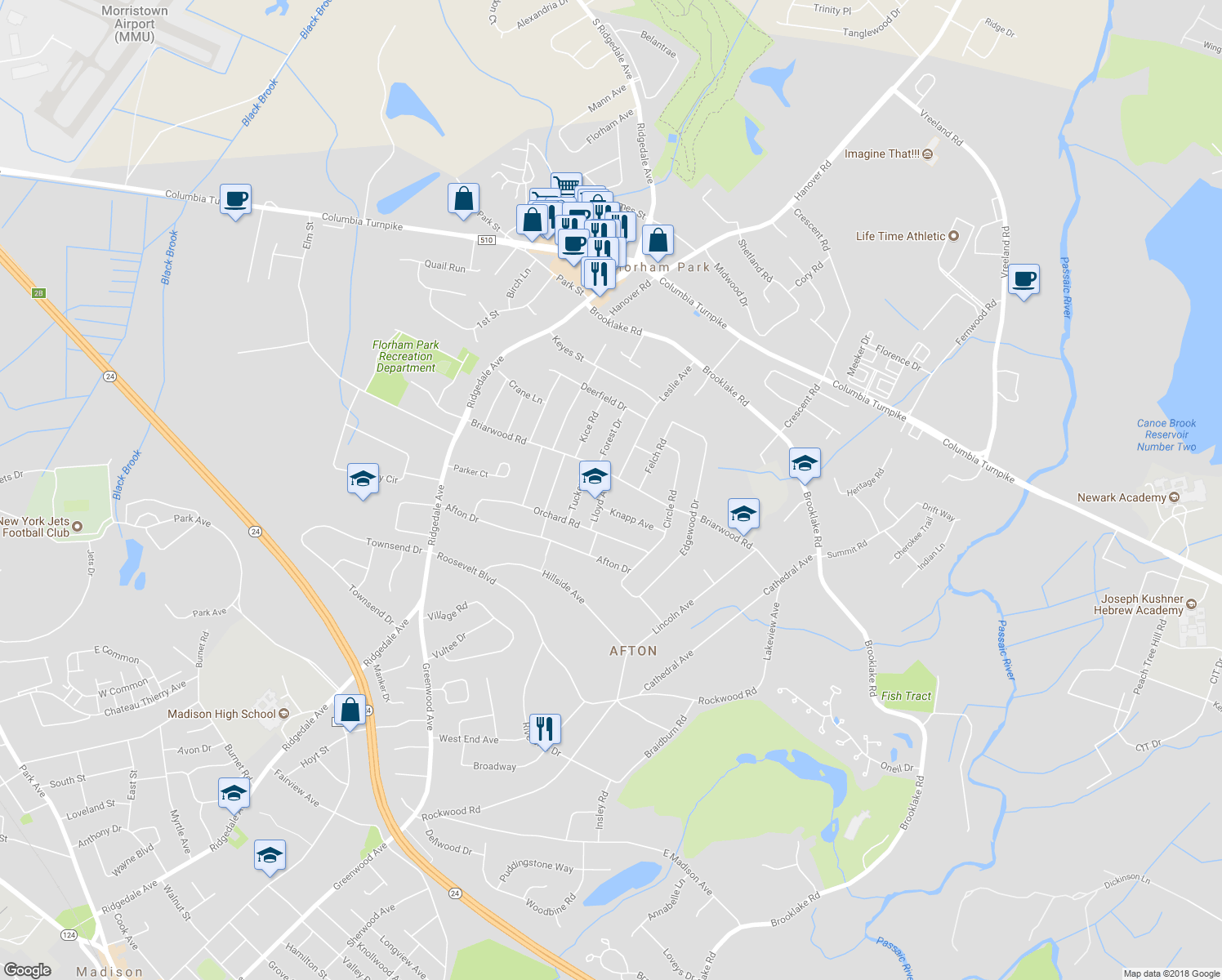 map of restaurants, bars, coffee shops, grocery stores, and more near 12 Lloyd Avenue in Florham Park