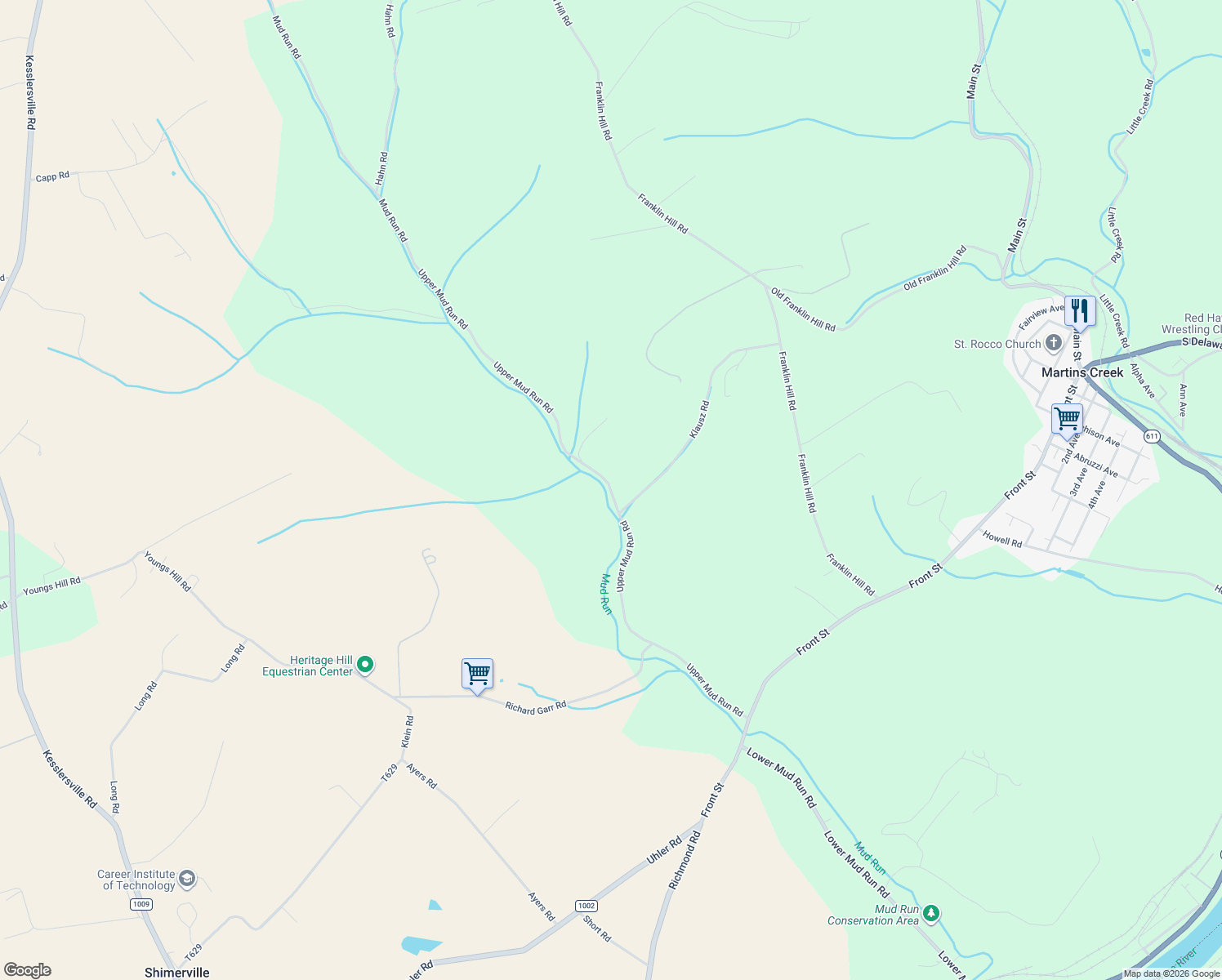 map of restaurants, bars, coffee shops, grocery stores, and more near 6377 Upper Mud Run Road in Easton