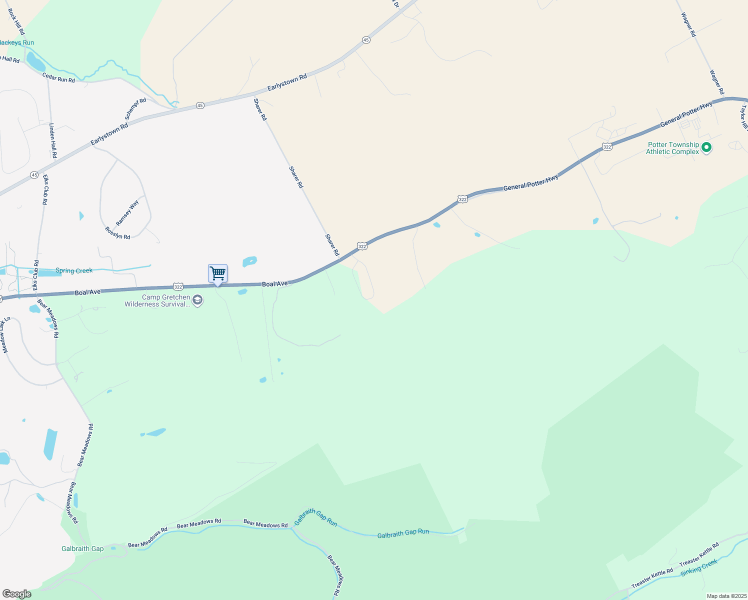 map of restaurants, bars, coffee shops, grocery stores, and more near 229 Timberwood Trail in Boalsburg