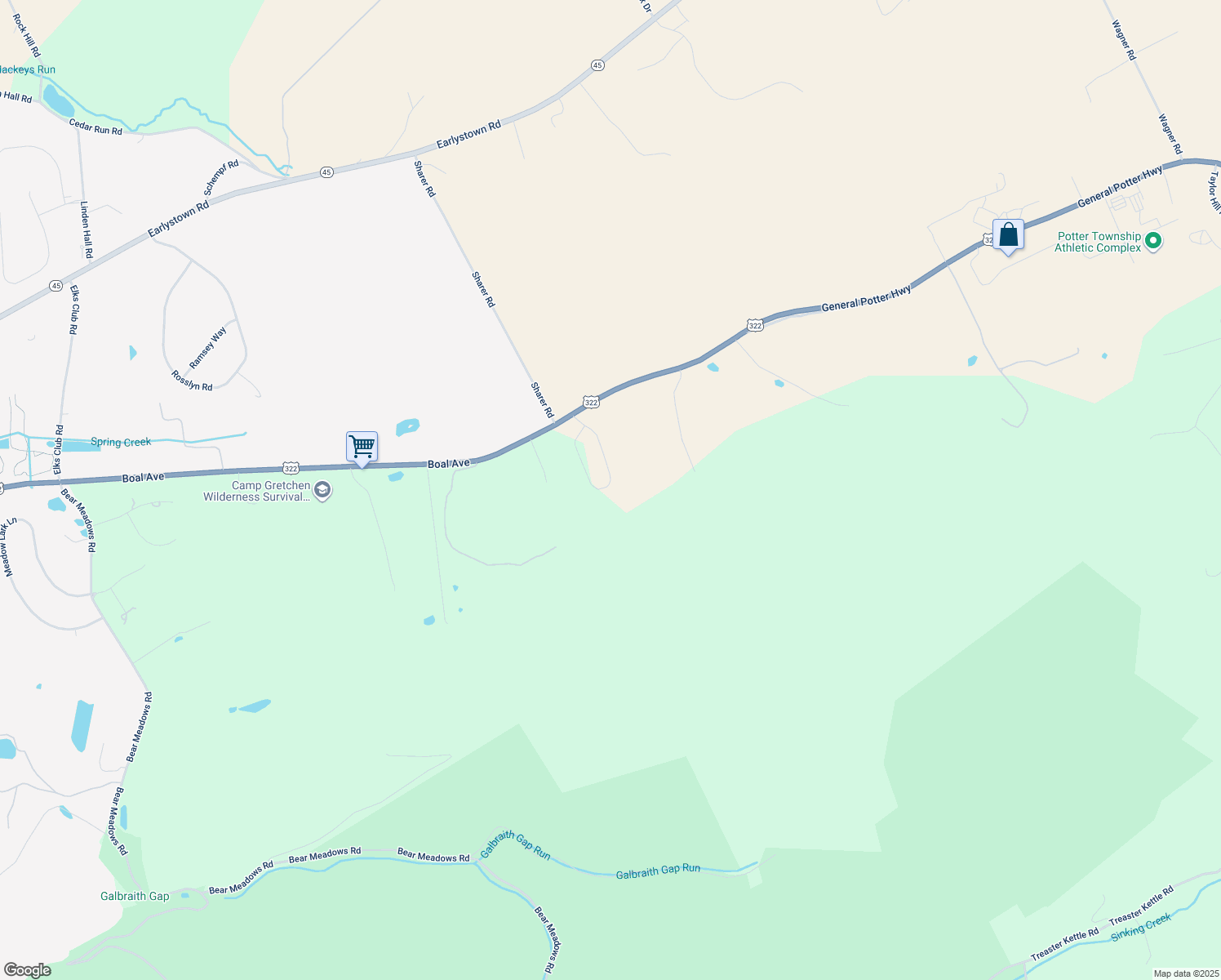 map of restaurants, bars, coffee shops, grocery stores, and more near 229 Timberwood Trail in Boalsburg