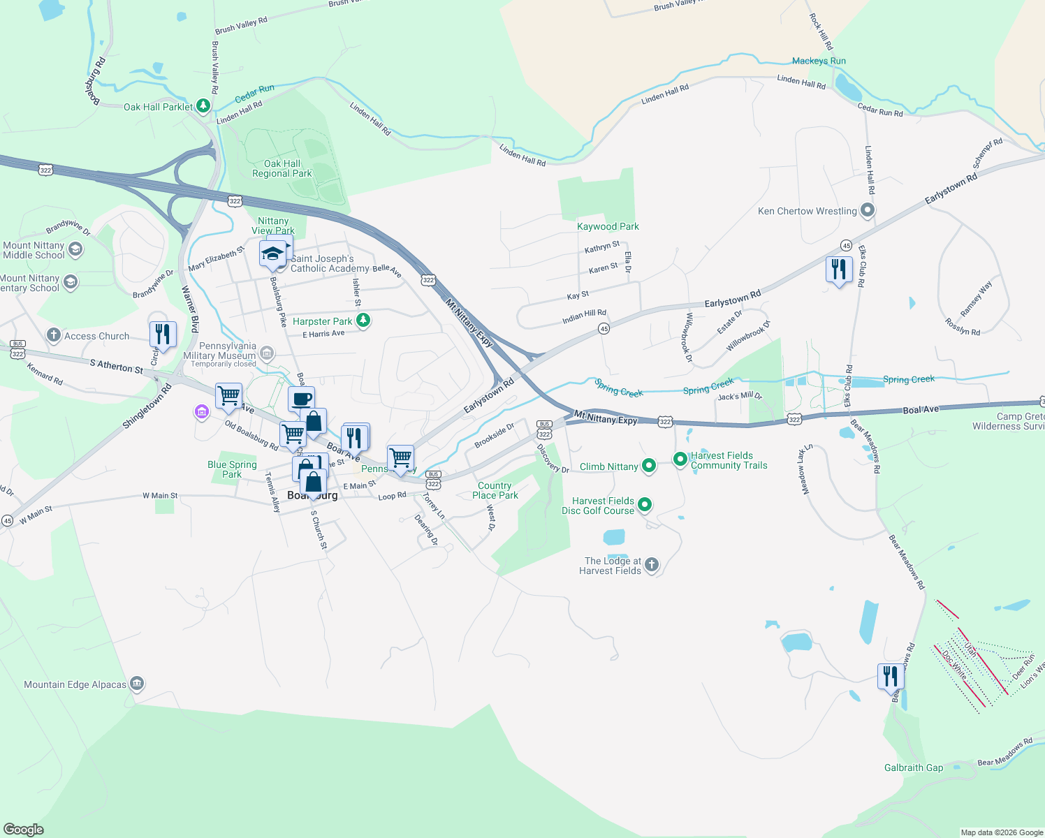 map of restaurants, bars, coffee shops, grocery stores, and more near 843 Brookside Drive in Boalsburg