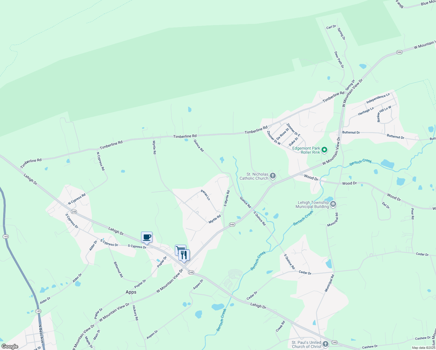 map of restaurants, bars, coffee shops, grocery stores, and more near 1169 Pine Ln in Walnutport