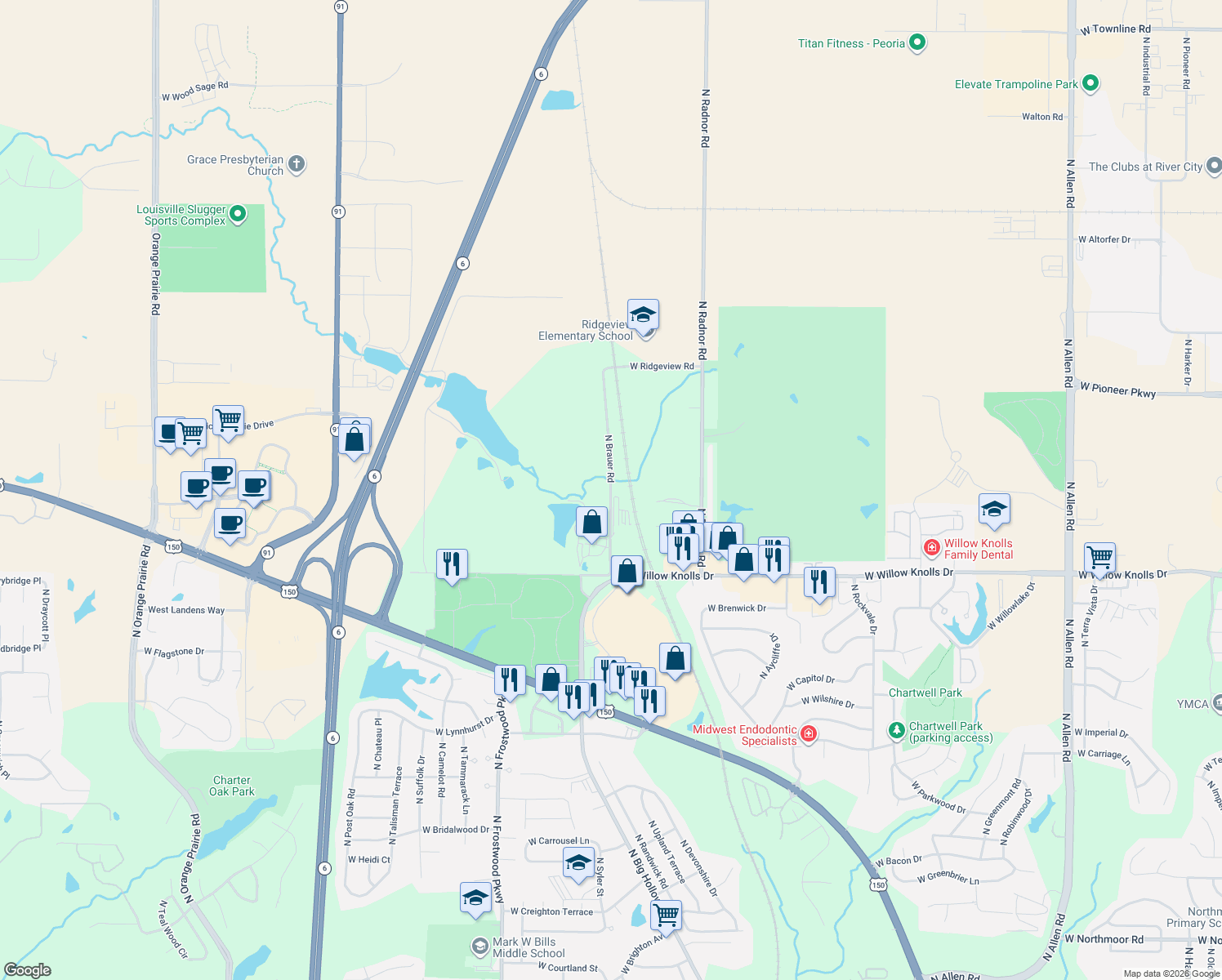 map of restaurants, bars, coffee shops, grocery stores, and more near 7584 North Brauer Road in Peoria