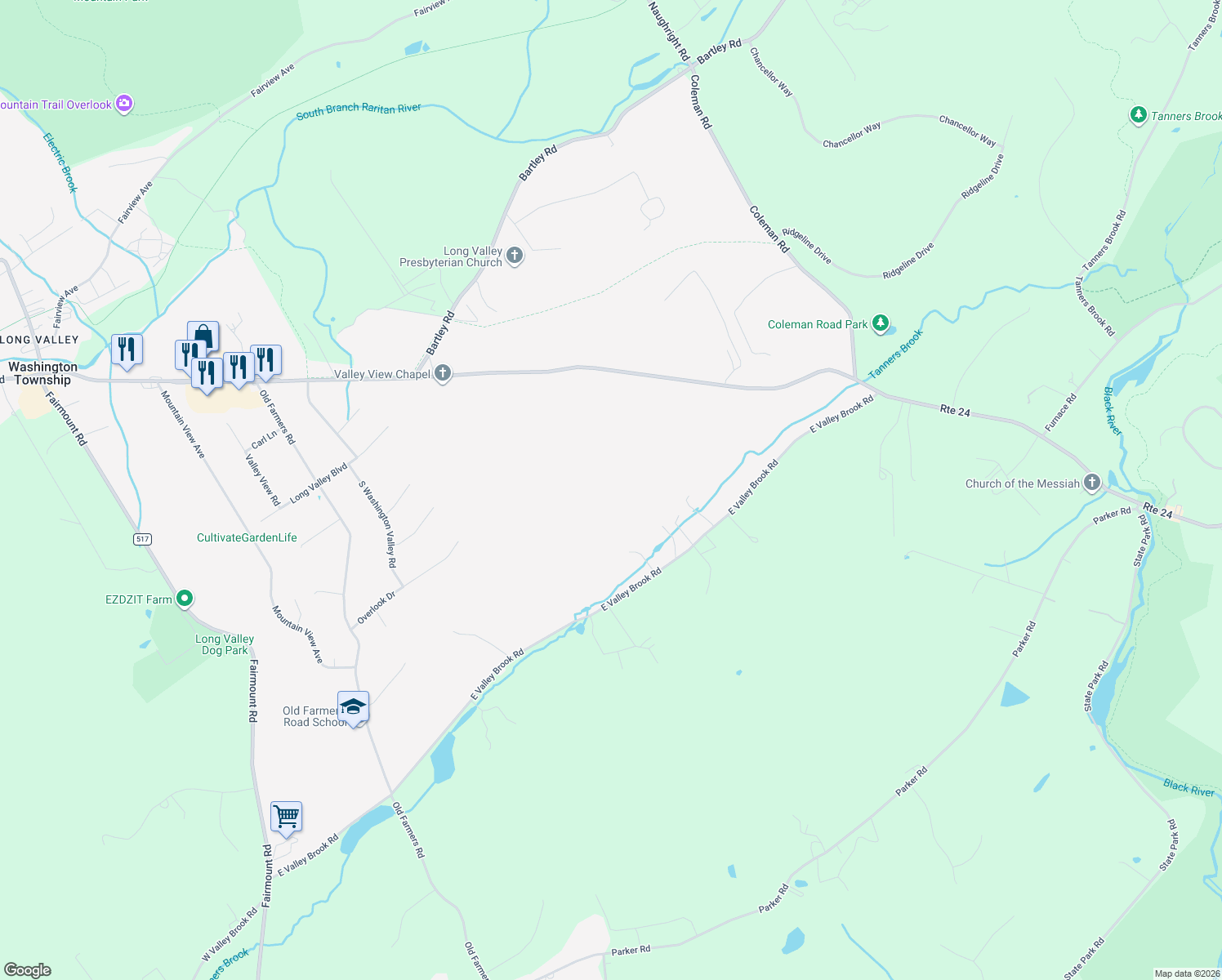 map of restaurants, bars, coffee shops, grocery stores, and more near 138 East Valley Brook Road in Washington Township