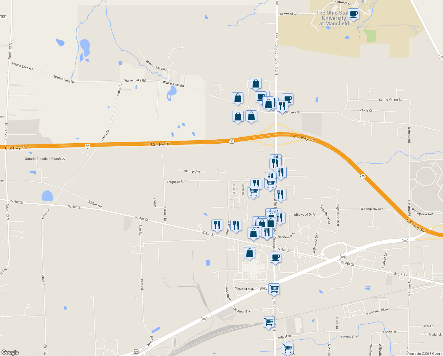 map of restaurants, bars, coffee shops, grocery stores, and more near 2338 Ferguson Rd in Ontario