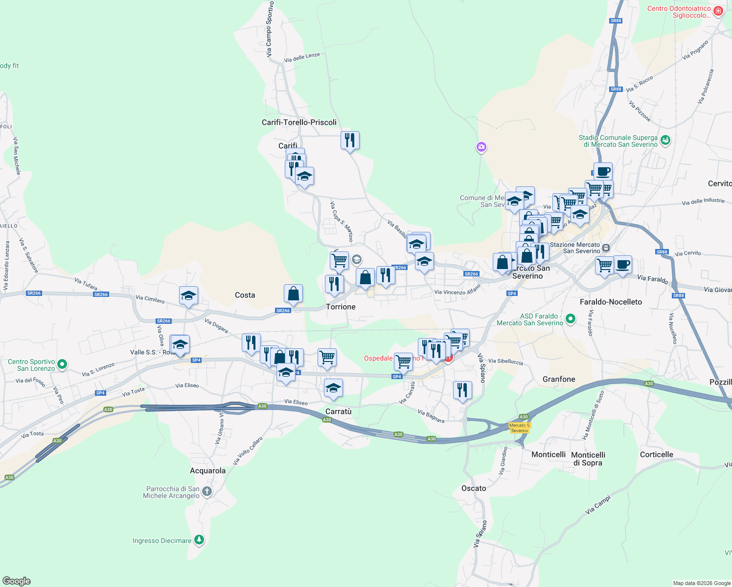 map of restaurants, bars, coffee shops, grocery stores, and more near 8134 Via Marcello in Provincia di Salerno