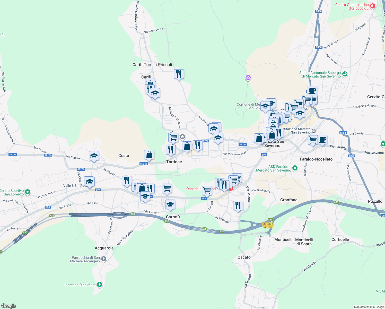 map of restaurants, bars, coffee shops, grocery stores, and more near 8134 Via Marcello in Salerno