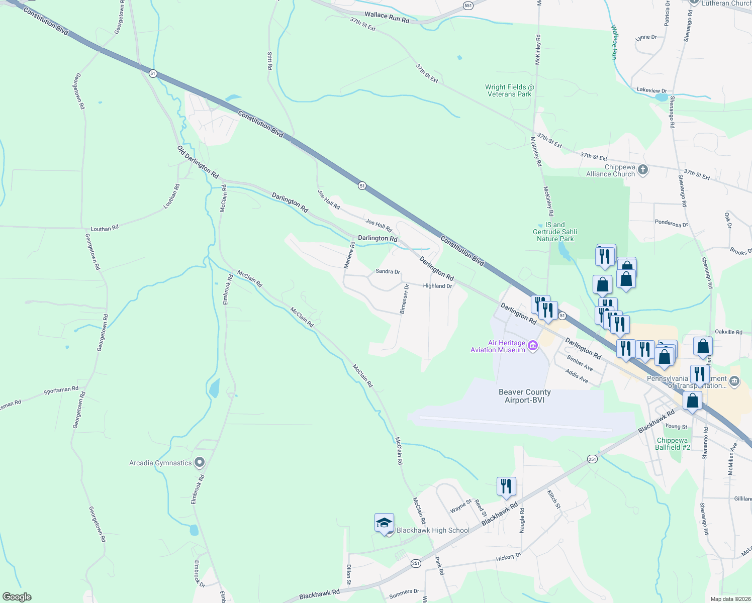 map of restaurants, bars, coffee shops, grocery stores, and more near 132 Marlene Road in Beaver Falls