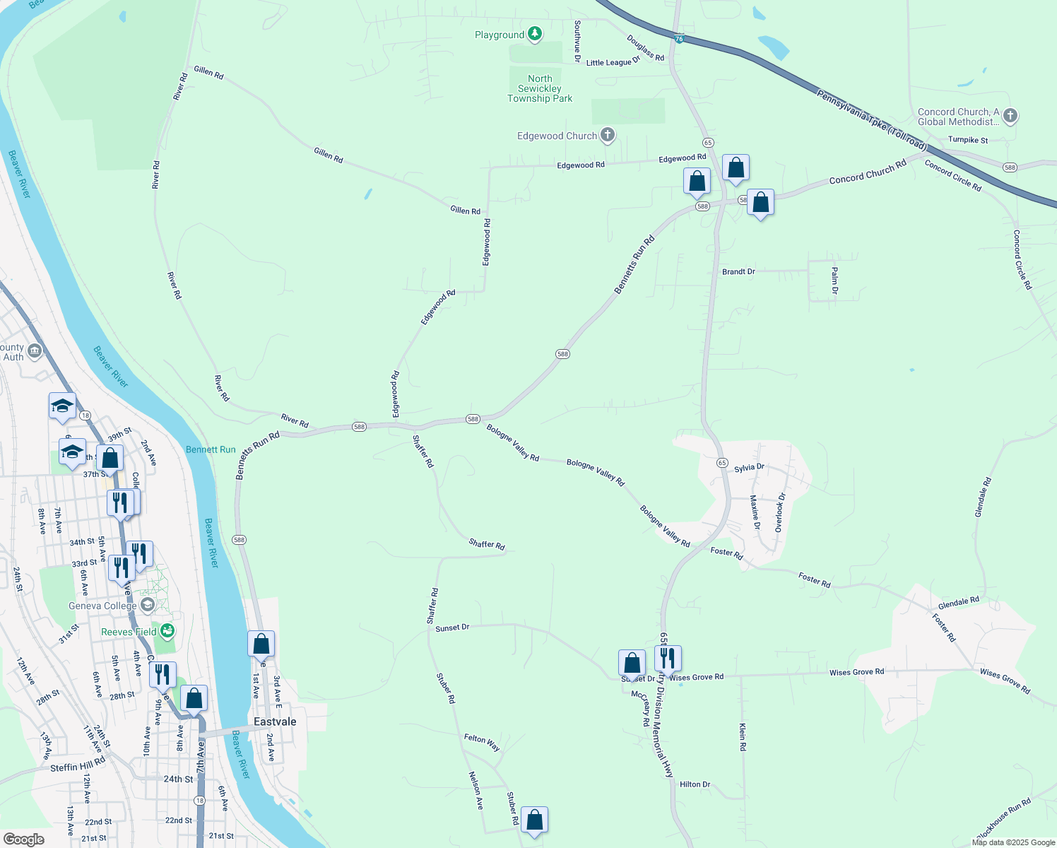 map of restaurants, bars, coffee shops, grocery stores, and more near 148 Sanger Drive in Beaver Falls
