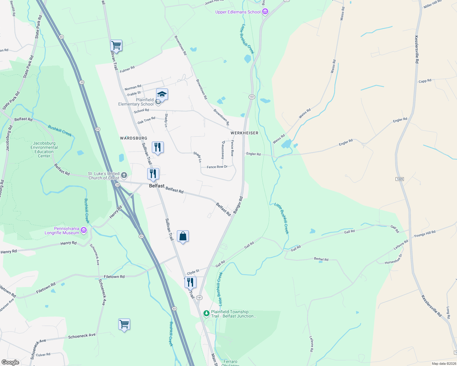map of restaurants, bars, coffee shops, grocery stores, and more near 5821 Shady Lane in Nazareth