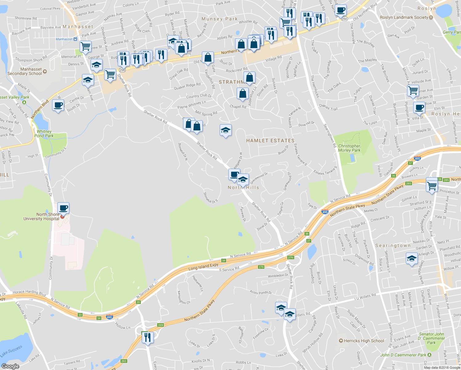 map of restaurants, bars, coffee shops, grocery stores, and more near 10 Boxwood Way in Manhasset