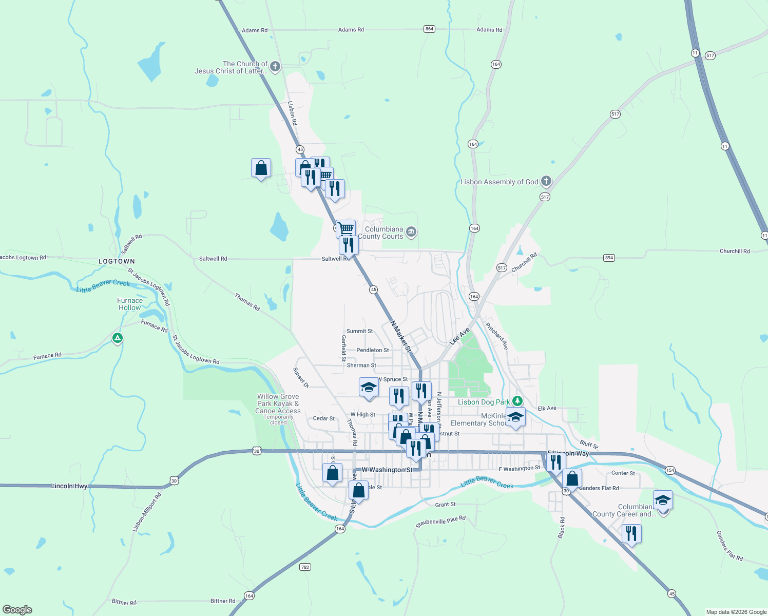 map of restaurants, bars, coffee shops, grocery stores, and more near 913 North Market Street in Lisbon