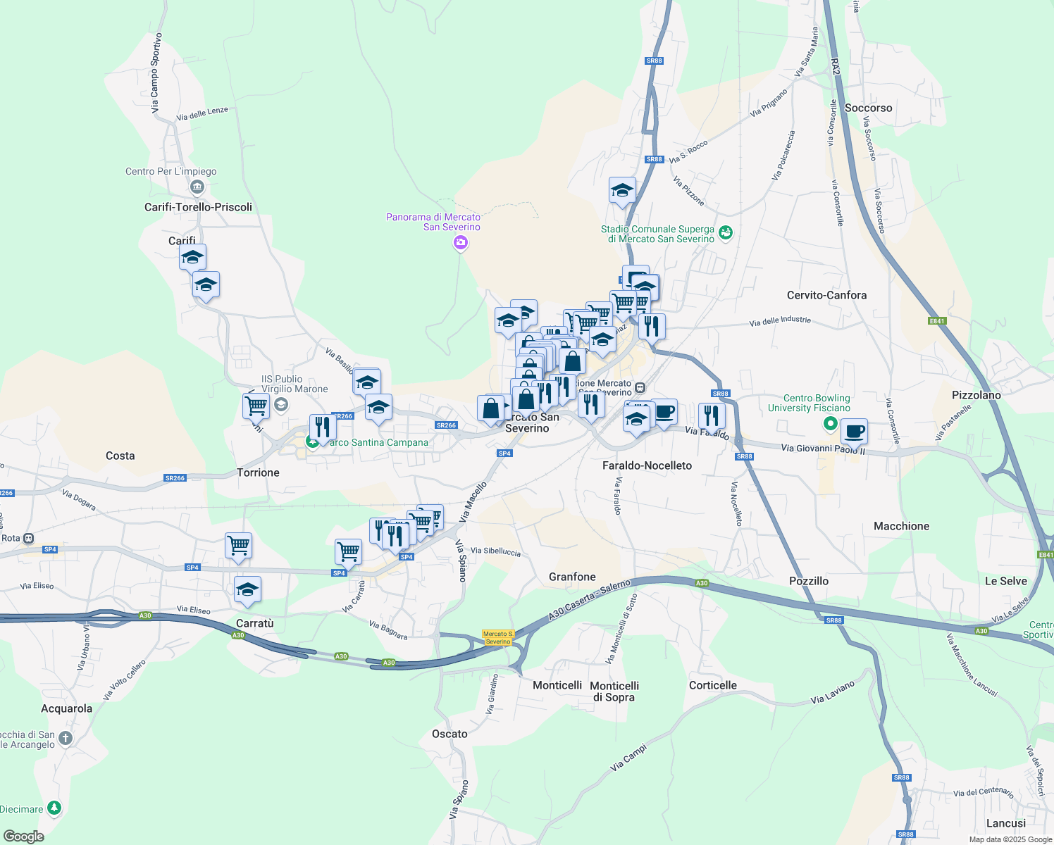 map of restaurants, bars, coffee shops, grocery stores, and more near in Mercato San Severino