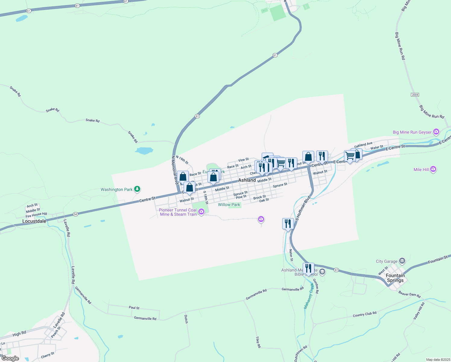 map of restaurants, bars, coffee shops, grocery stores, and more near 1435 Centre Street in Ashland