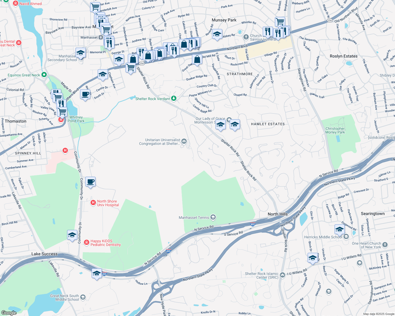 map of restaurants, bars, coffee shops, grocery stores, and more near 30 Stonehill Drive South in Manhasset