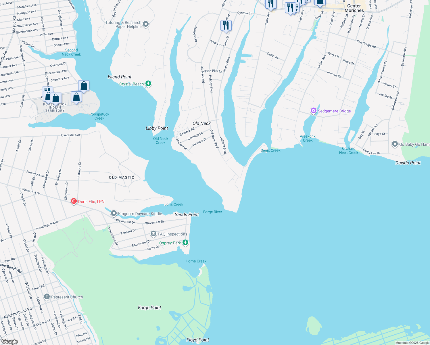 map of restaurants, bars, coffee shops, grocery stores, and more near 32 Old Neck Rd S in Center Moriches