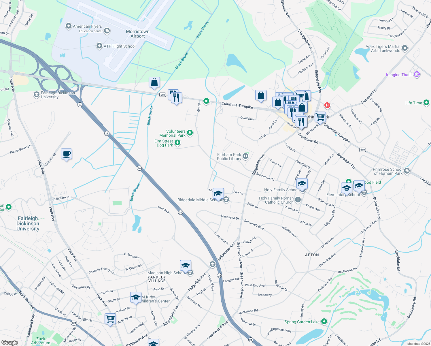 map of restaurants, bars, coffee shops, grocery stores, and more near 5 Murphy Circle in Florham Park