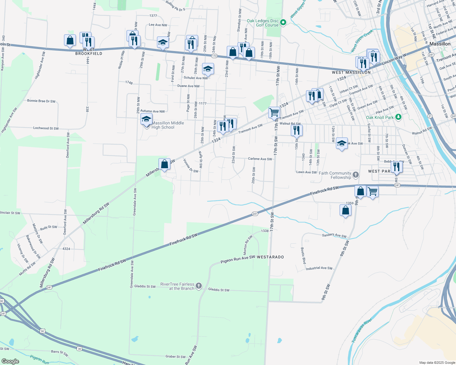 map of restaurants, bars, coffee shops, grocery stores, and more near 2245 Margilee Drive Southwest in Massillon
