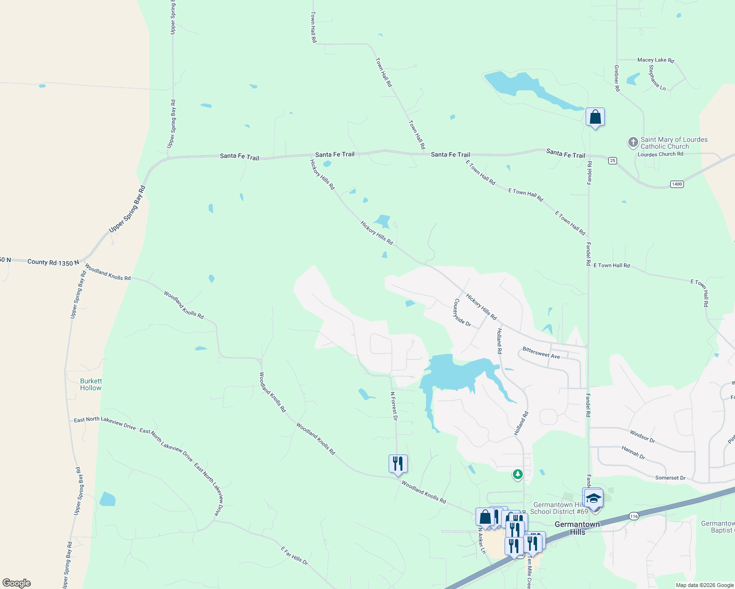 map of restaurants, bars, coffee shops, grocery stores, and more near 1004 Hickory Creek Court in Metamora