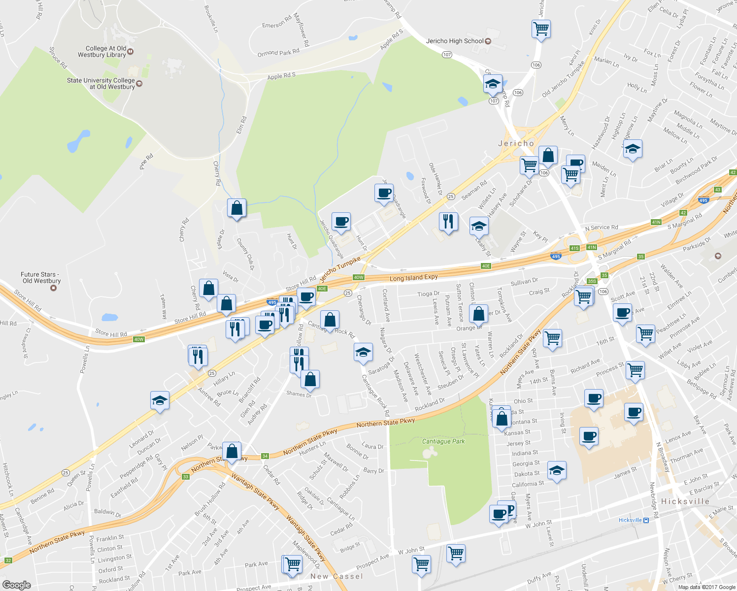 map of restaurants, bars, coffee shops, grocery stores, and more near 17 Livingston Avenue in Jericho