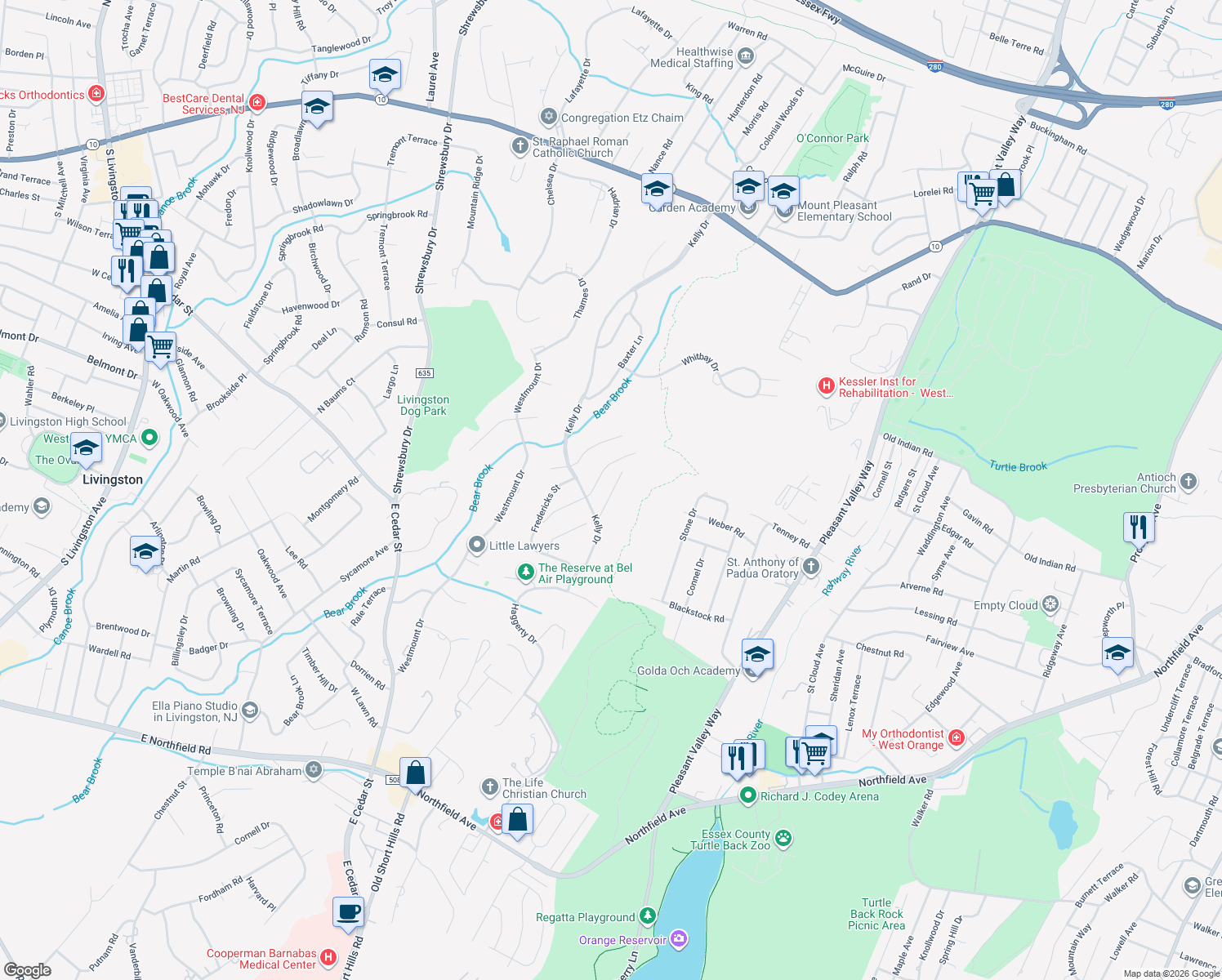 map of restaurants, bars, coffee shops, grocery stores, and more near 20 Kovach Court in West Orange