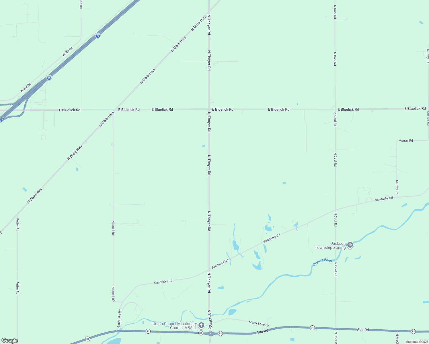map of restaurants, bars, coffee shops, grocery stores, and more near 3000 N Thayer Rd in Lima