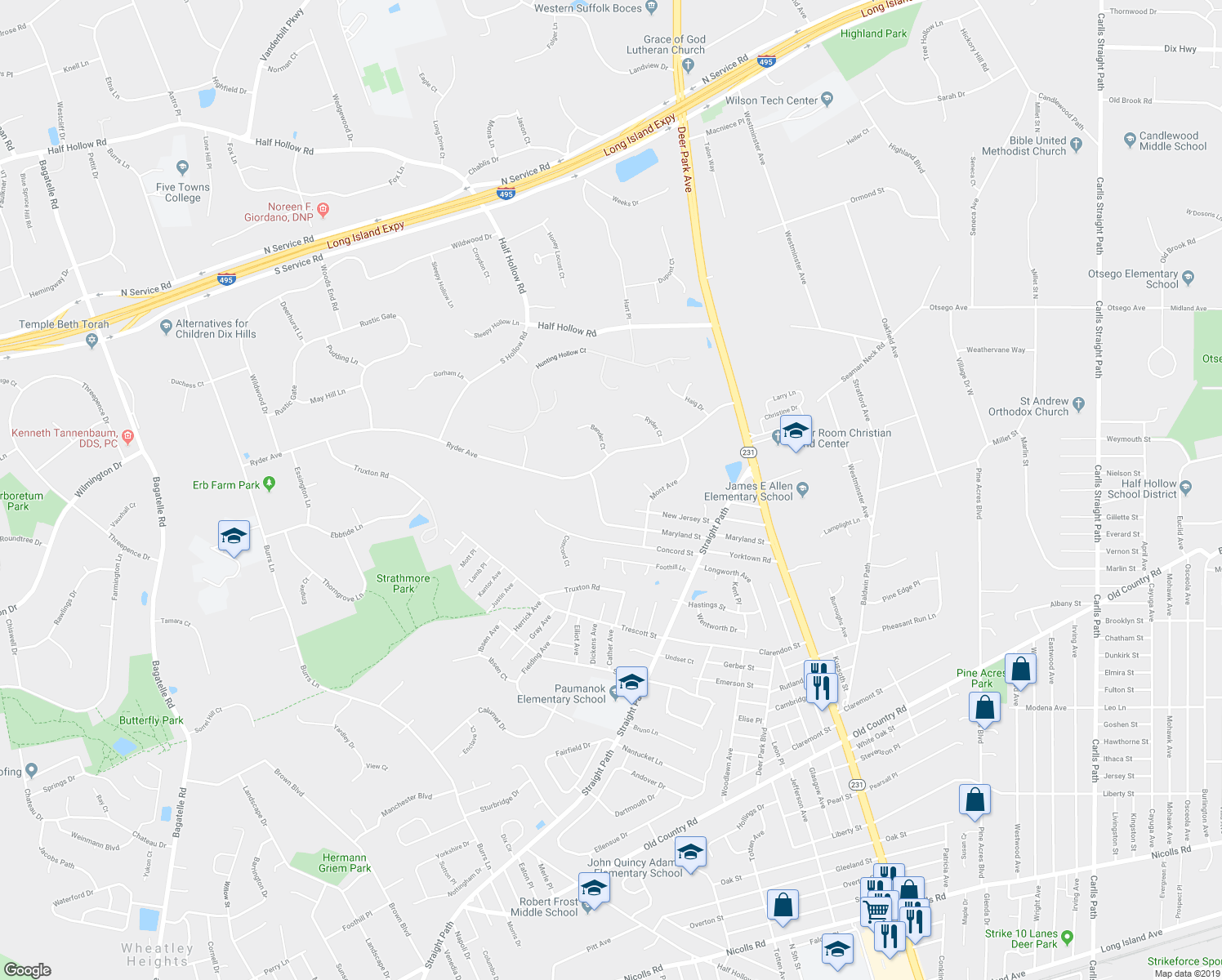 map of restaurants, bars, coffee shops, grocery stores, and more near 6 Maryland Street in Dix Hills